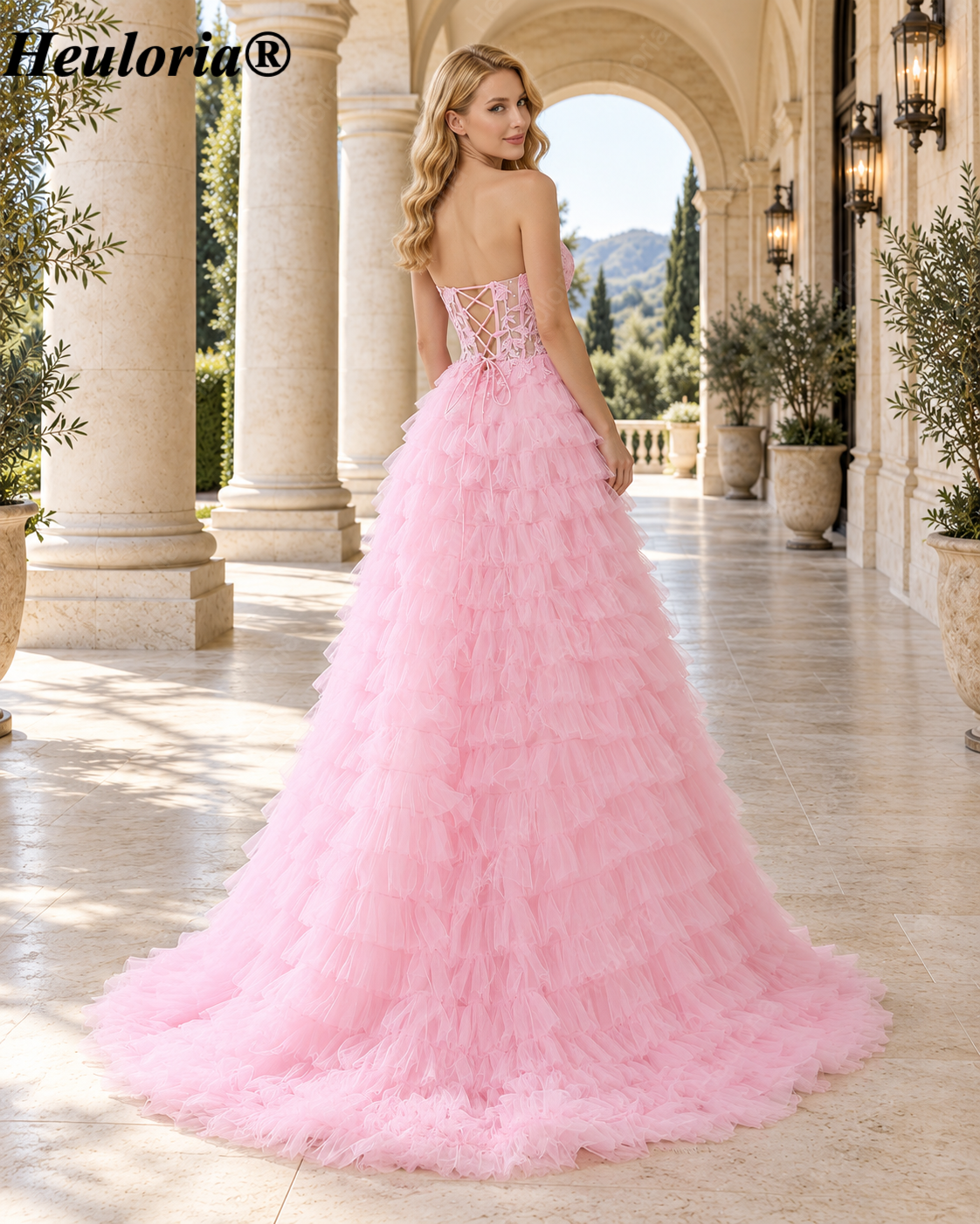 HEULORIA Pink Sweetheart Lace Corset Tiered Tulle Ball Gown Prom Dress – ED-355