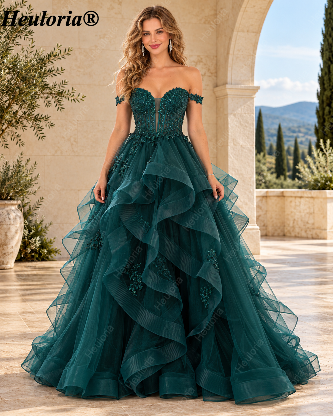 HEULORIA Emerald Off-the-Shoulder Glitter Tulle Ball Gown Prom Dress with Tiered Ruffles and Corset Bodice ED-406 Main image