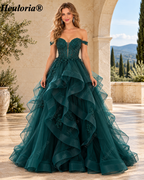 HEULORIA Emerald Off-the-Shoulder Glitter Tulle Ball Gown Prom Dress with Tiered Ruffles and Corset Bodice ED-406