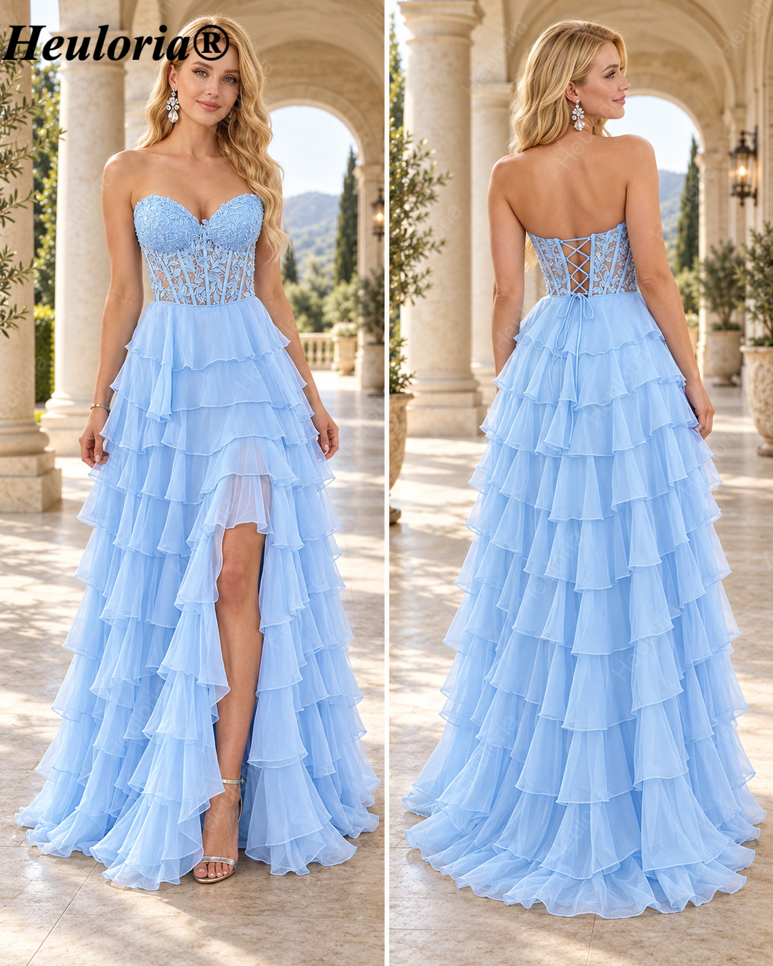 HEULORIA Strapless Lace Corset Prom Dress with Tiered Ruffles and Slit ED-89