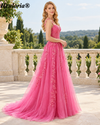 HEULORIA Navy Blue Lace Appliqué Tulle A-Line Prom Dress with Sweetheart Corset – ED-336
