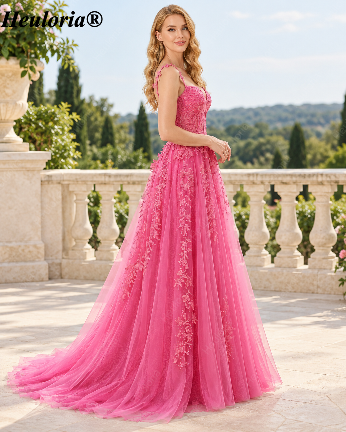 HEULORIA Navy Blue Lace Appliqué Tulle A-Line Prom Dress with Sweetheart Corset – ED-336