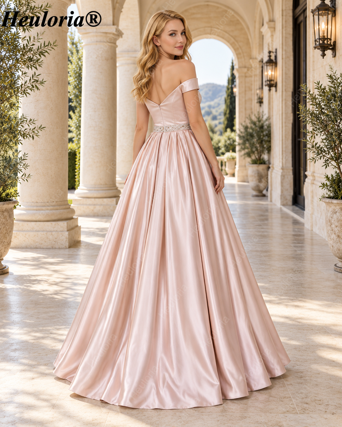 HEULORIA Off-Shoulder Satin A-Line Prom Dress with Embellished Waist ED-16