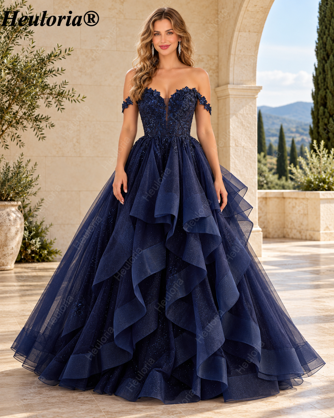 HEULORIA Off-Shoulder Floral Corset Ruffle Tulle Ball Gown Prom Dress ED-390