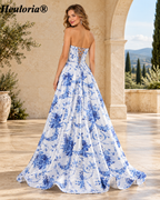 HEULORIA Blue Toile Satin Strapless A-Line Prom Dress with Corset Bodice and High Slit ED-513