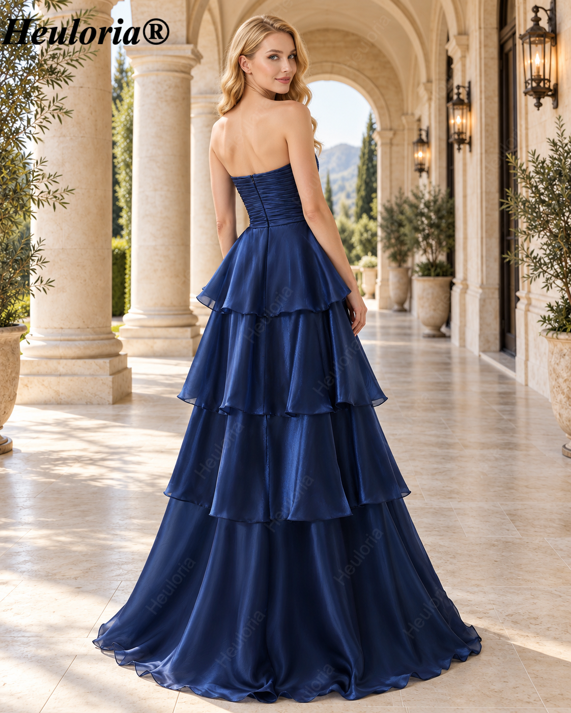 heuloria-Dark Navy Strapless Pleated Tiered A-Line Gown-ed-562 Immagine secondaria del prodotto