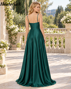HEULORIA Dark Green Spaghetti Strap Ruched Satin A-Line Bridesmaid Dress ED-260