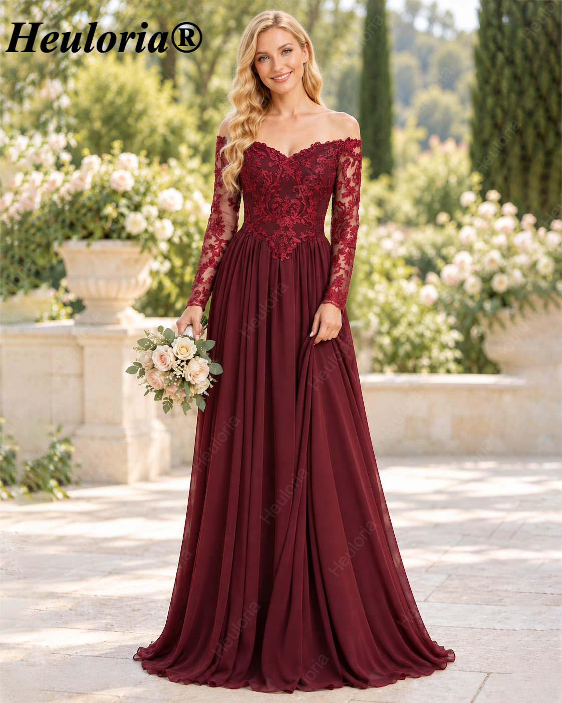 Burgundy Off-the-Shoulder Lace Long Sleeve A-Line Bridesmaid Dress ED-227 Image principale du produit