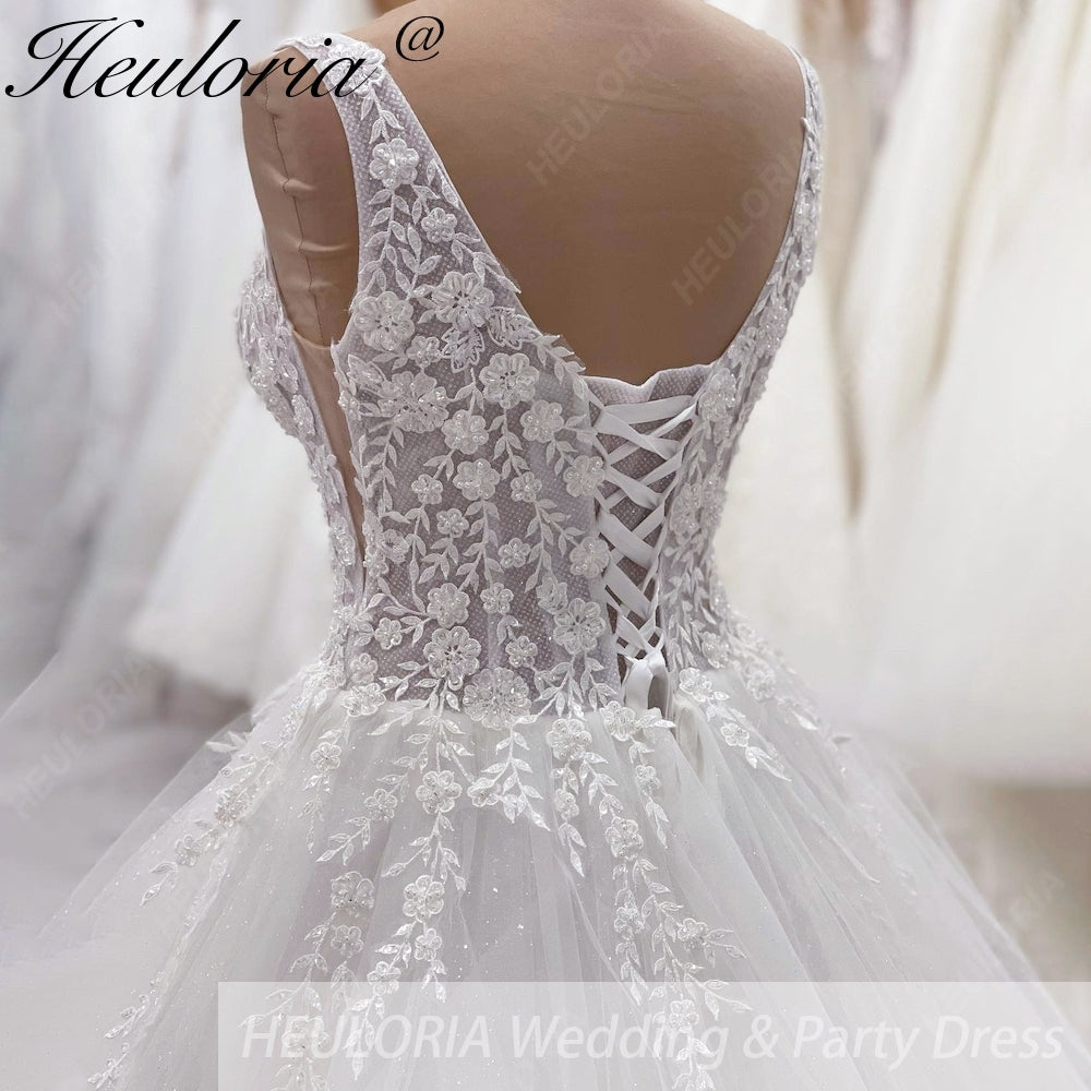 HEULORIA V Neck Sleeveless A line Wedding Dress Boho Lace Appliques Tulle Long Bridal Gowns Backless Vestidos de Novia Customized AL-1023
