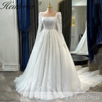 HEULORIA Elegant Square Neck Long Sleeve Lace A-Line Wedding Dress with Shimmer Tulle and Cathedral Train BA-1210