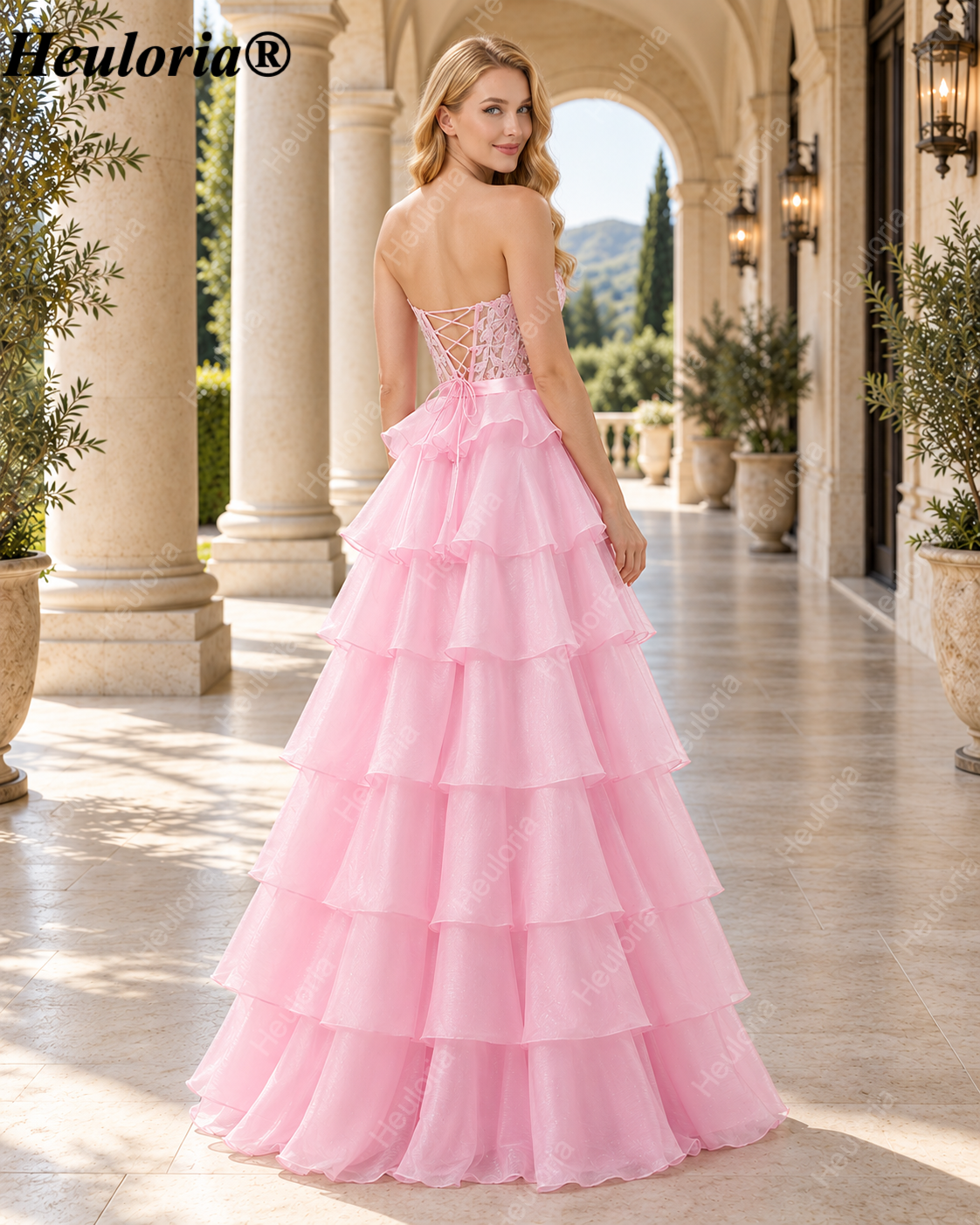 heuloria Strapless Lace Tiered Ruffle Prom Dress with Bow Waist ed-514