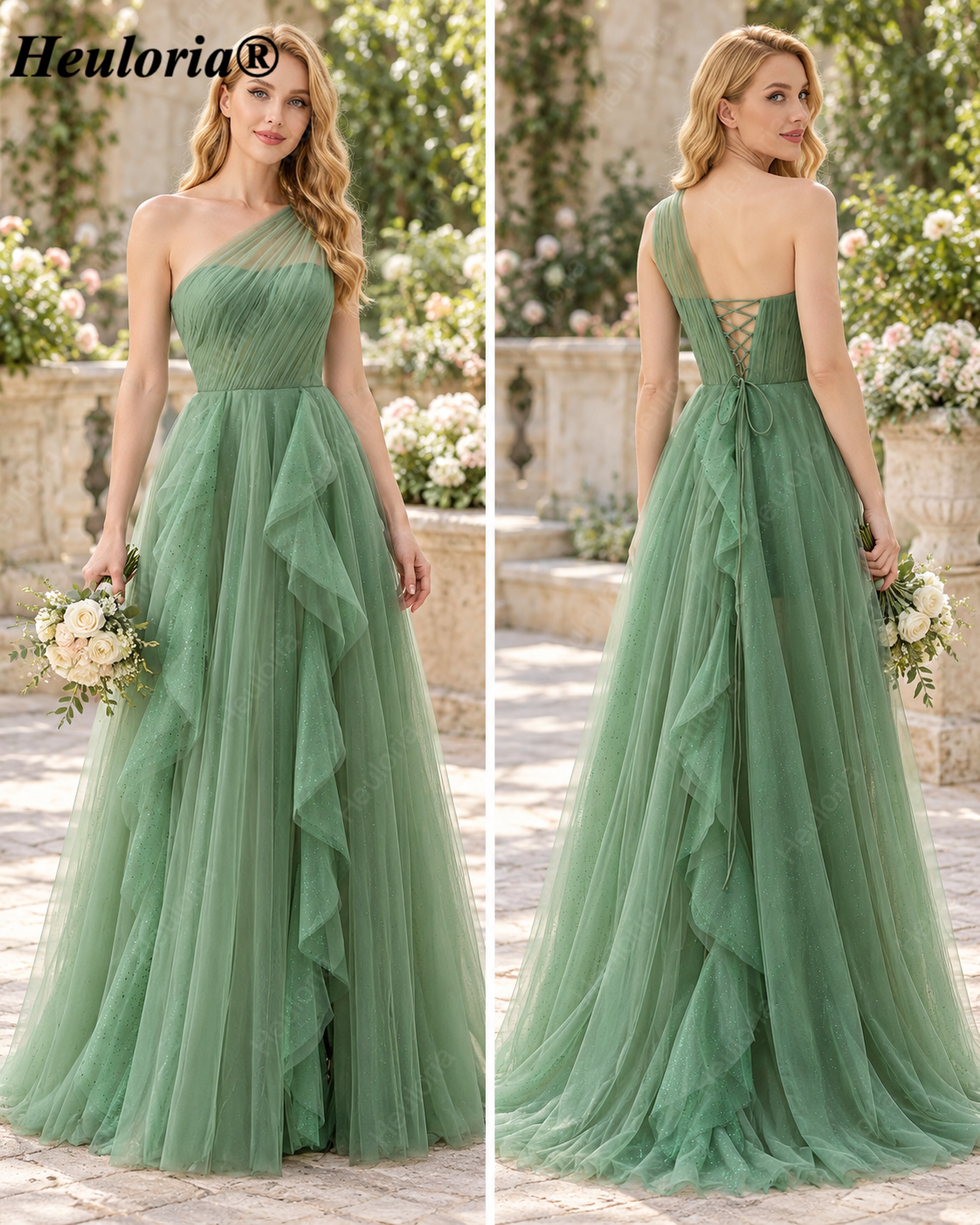 HEULORIA Navy Blue One-Shoulder Glitter Tulle A-Line Prom Dress with Ruffle Skirt – ED-250