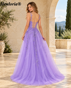 HEULORIA Lavender Floral Appliqué Tulle A-Line Prom Dress with Deep V-Neck and Corset Back – ED-372