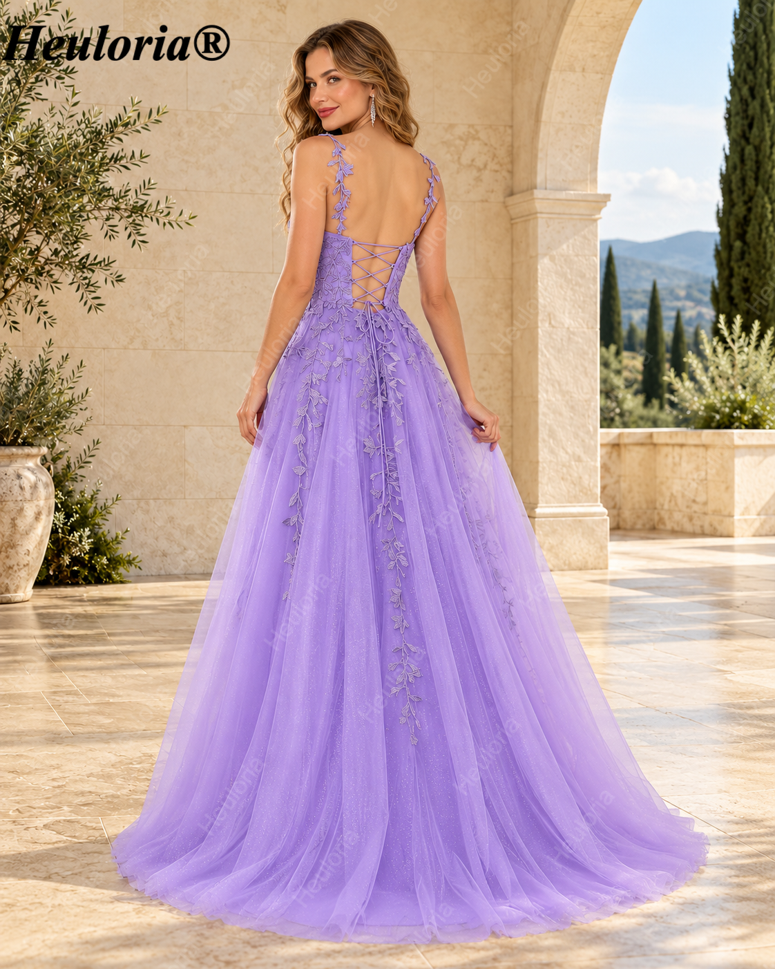 HEULORIA Lavender Floral Appliqué Tulle A-Line Prom Dress with Deep V-Neck and Corset Back – ED-372