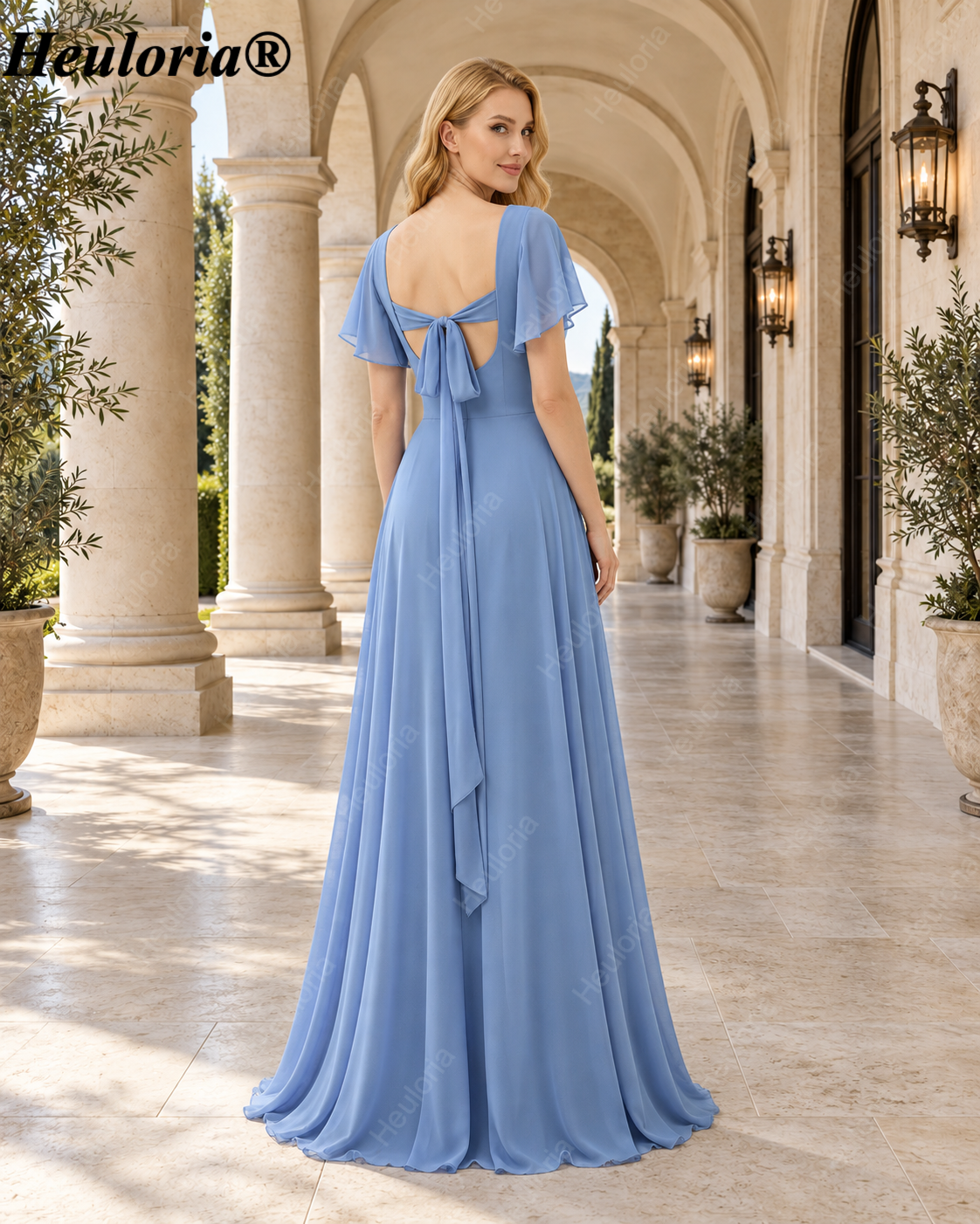 heuloria Dusty Blue Flutter Sleeve Bridesmaid Dress with Bow Back ed-528 Immagine secondaria del prodotto