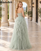 heuloria Dusty Green Floral Corset Tulle Prom Dress with Cascading Ruffles ed-518
