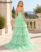 heuloria Strapless Floral Tiered Tulle Corset Prom Dress with Bow ed-507