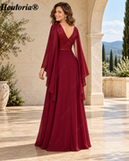 heuloria-V-Neck Sequin Chiffon A-Line Evening Dress with Cape Sleeves-ed-379