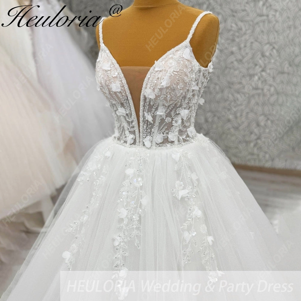 HEULORIA 3D Floral Applique A-Line Wedding Dress with Deep V-Neck and Glitter Tulle AL-1096