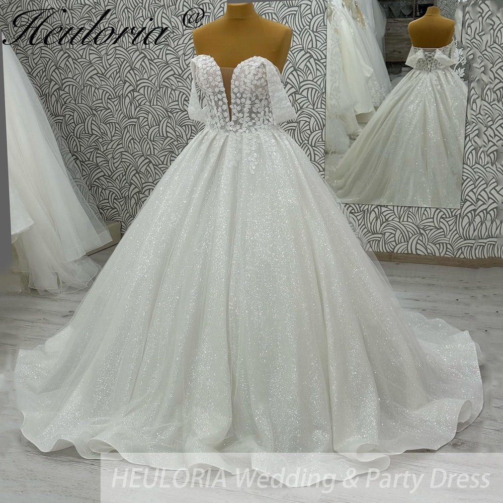 HEULORIA Sparkly Glitter Wedding dress Off The Shoulder 2025 Luxury Women Church Beach Bride Dresses Floral Lace Customized BA-1108 Immagine secondaria del prodotto