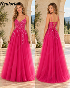HEULORIA Royal Blue Floral Appliqué Tulle A-Line Prom Dress with V-Neck and Corset Back – ED-341