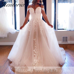 HEULORIA Illusion Off The Shoulder A-Line Wedding Dresses Appliques Lace Country Bridal Gowns Robe De Mariée Customized AL-QK276