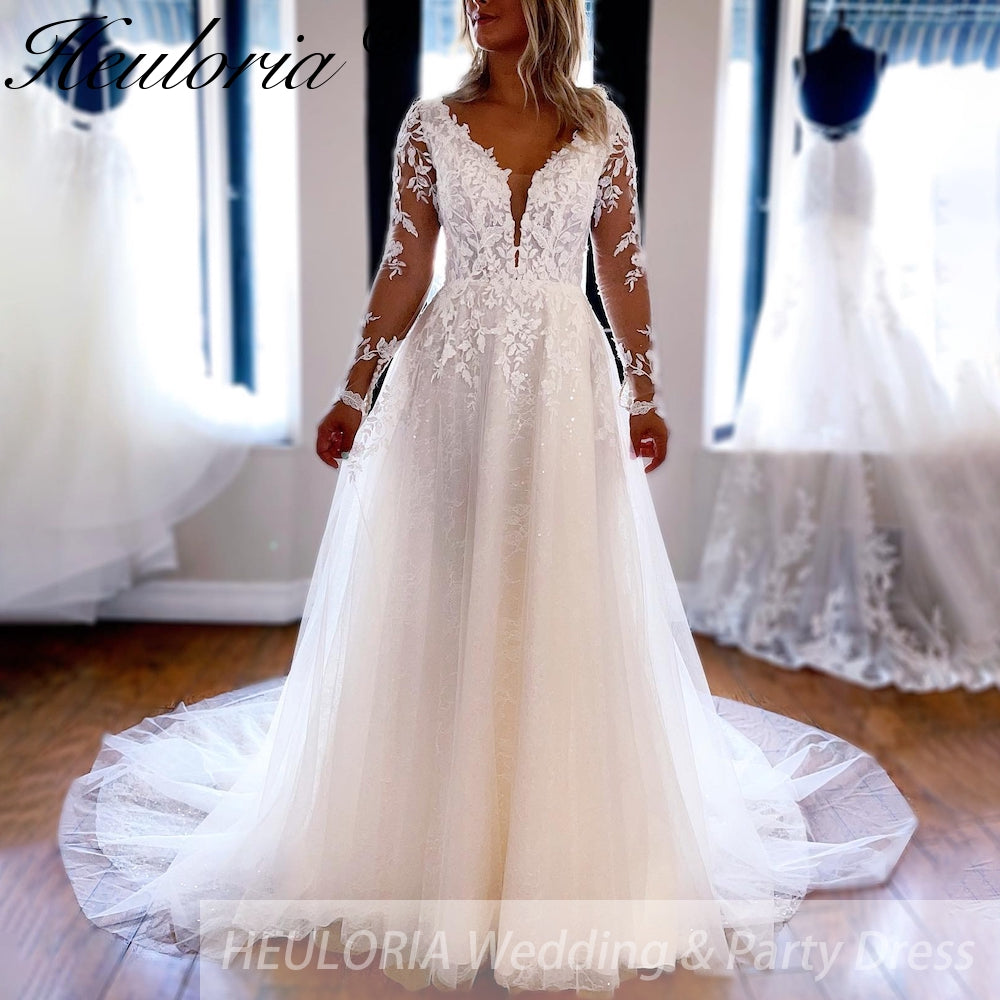 HEULORIA A line Wedding Dress long sleeve lace bride dress plus size robe de mariee  A line Wedding Bridal Gown AL-QK275