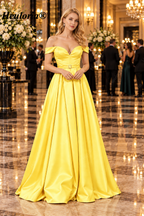 HEULORIA Champagne Off-Shoulder Pleated Satin Ball Gown Prom Dress with High Slit – ED-26