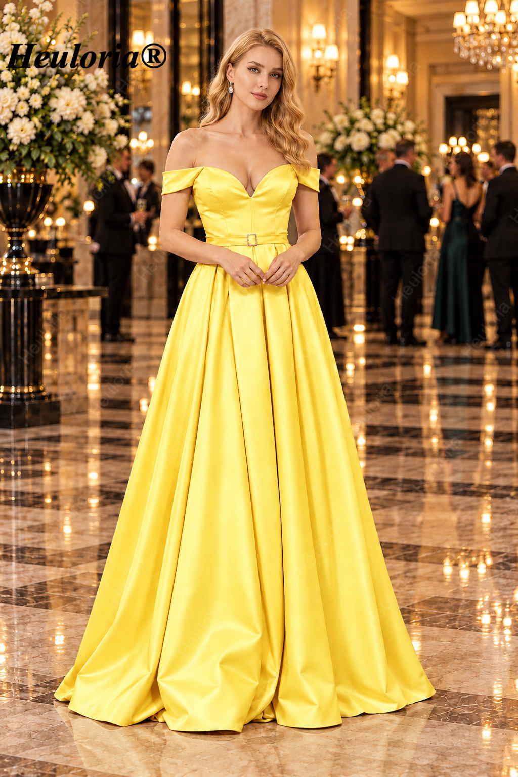 HEULORIA Champagne Off-Shoulder Pleated Satin Ball Gown Prom Dress with High Slit – ED-26