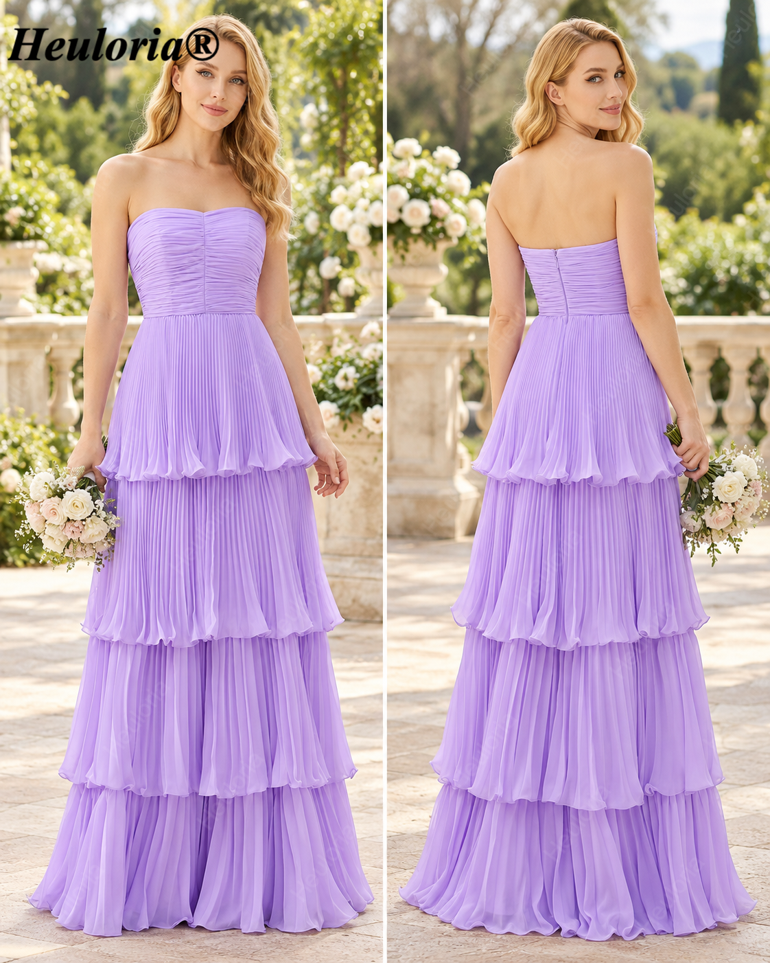 HEULORIA Lilac Strapless Sweetheart Pleated Chiffon A-Line Bridesmaid Dress – ED-241 Immagine principale del prodotto