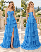 HEULORIA Pale Yellow Strapless Sweetheart Corset Tiered Chiffon A-Line Prom Dress ED-236