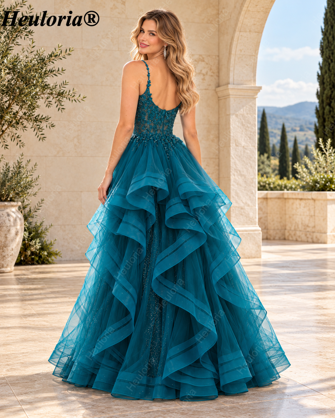 HEULORIA Teal Glitter Tulle A-Line Prom Dress with Beaded Sweetheart Corset and Tiered Ruffles ED-401