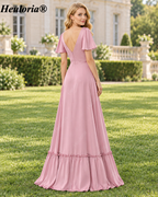heuloria Pink V-Neck chiffon Bridesmaid Dress with Flutter Sleeves and Ruffle Hem ed-527