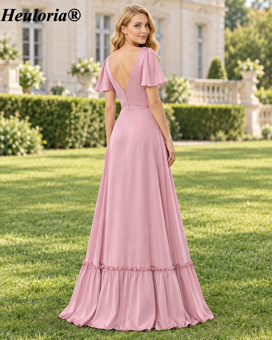 heuloria Pink V-Neck chiffon Bridesmaid Dress with Flutter Sleeves and Ruffle Hem ed-527
