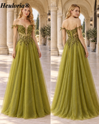 HEULORIA Olive Green Off-Shoulder Sequin Lace Tulle Prom Dress ED-574