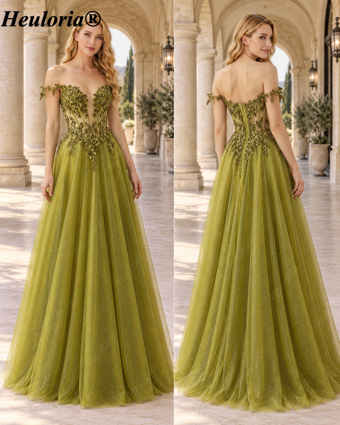 HEULORIA Olive Green Off-Shoulder Sequin Lace Tulle Prom Dress ED-574