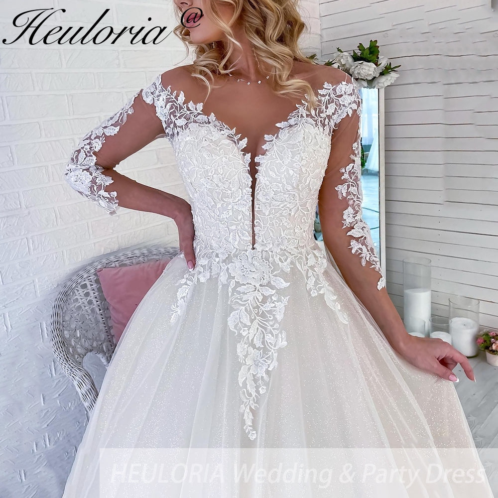 HEULORIA Sparkly Glitter A line Wedding Dress long sleeve lace bride dress plus size robe de mariee  A line Wedding Bridal Gown AL-QK287 Secondary image