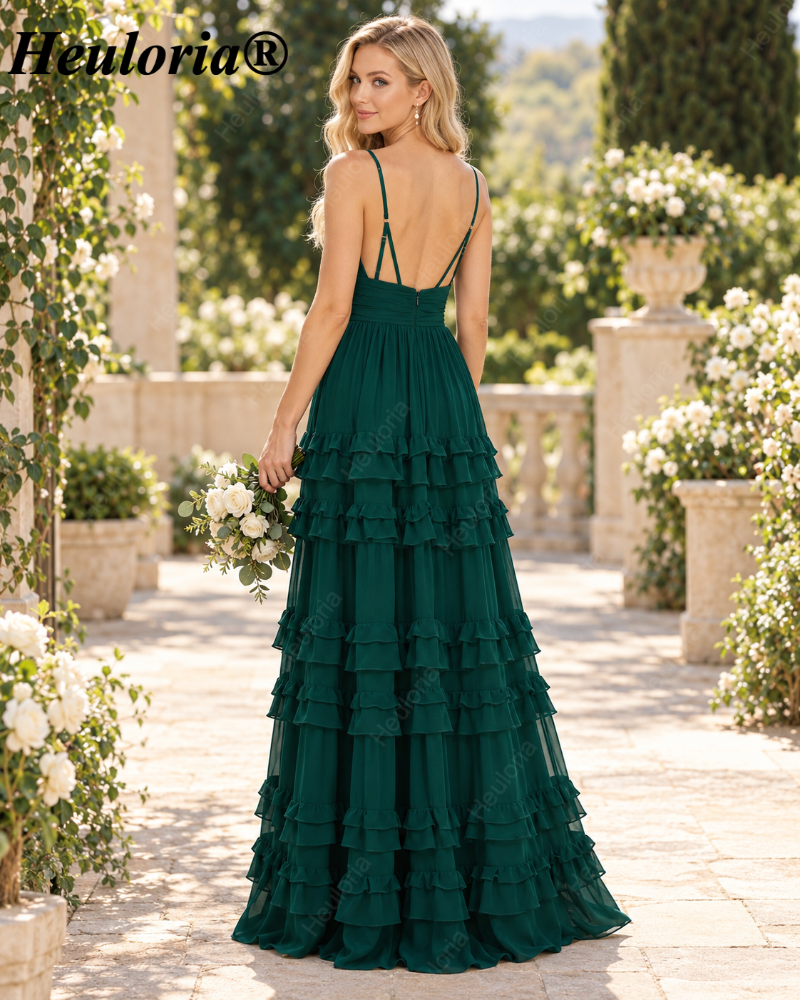 HEULORIA Dark Green Deep V-Neck Tiered Chiffon A-Line Bridesmaid Dress ED-242 Immagine secondaria del prodotto