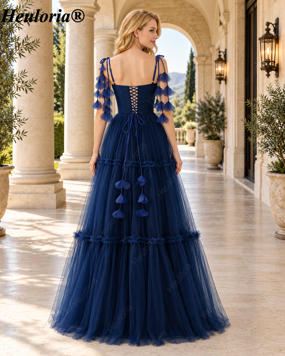 heuloria-Navy Tiered Tulle Bridesmaid Dress with Petal Shoulder Ties-ed-546 Secondary image