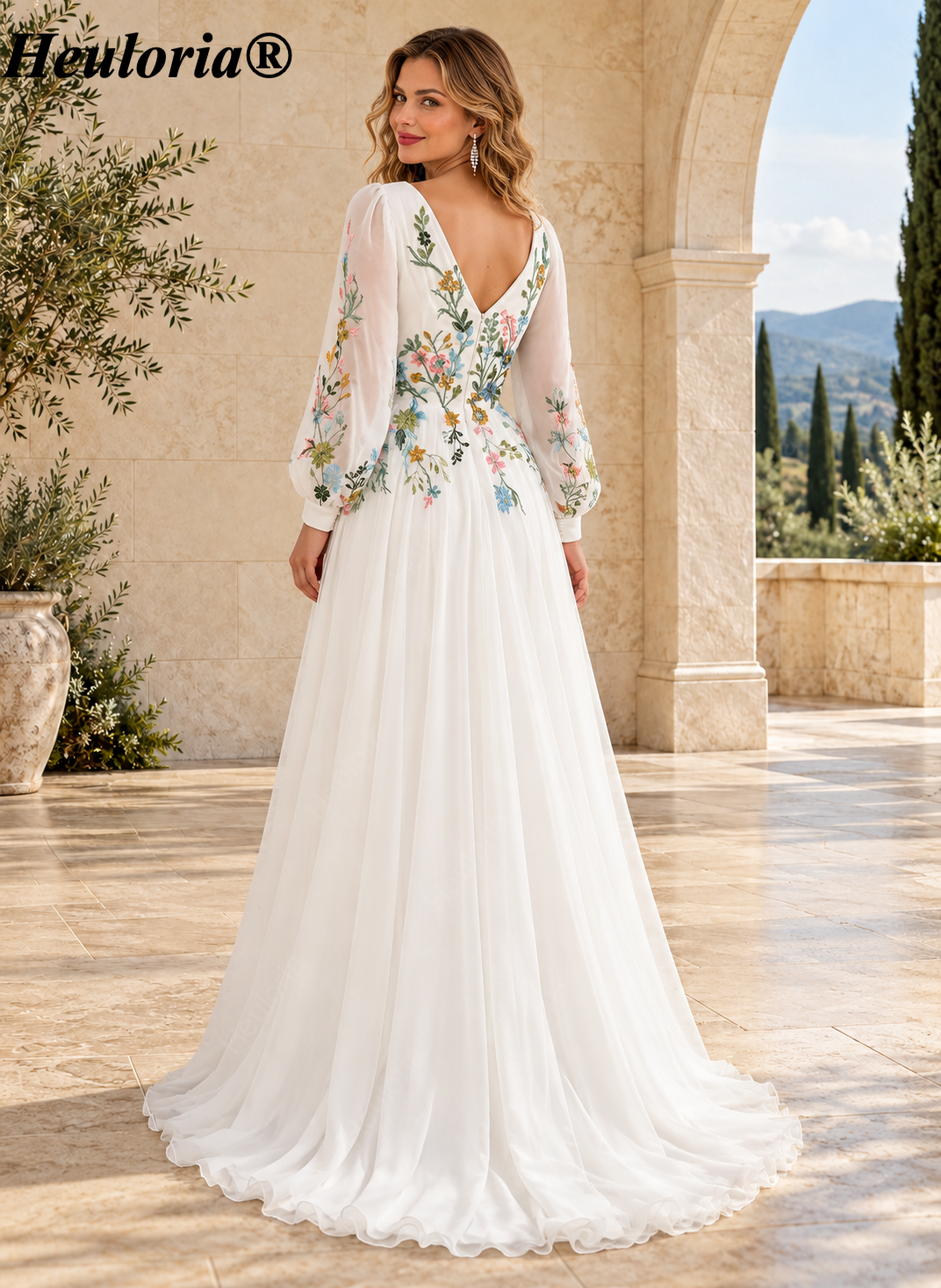 HEULORIA Multicolor Floral Embroidered Tea-Length Tulle A-Line Prom Dress with Bishop Sleeves and Lace-Up Back ED-672 Immagine secondaria del prodotto