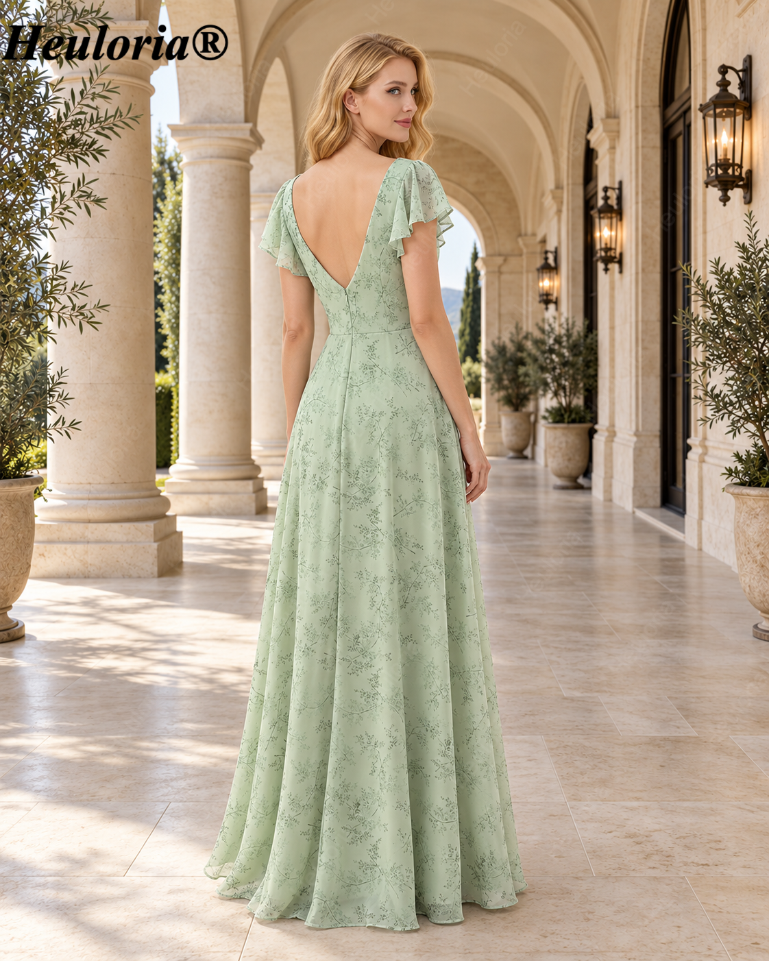 heuloria-Floral V-Neck Flutter Sleeve Bridesmaid Dress with Ruffle Slit-ed-564