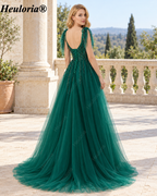 HEULORIA Emerald Green Beaded Tulle A-Line Prom Dress with Tie Straps – ED-344