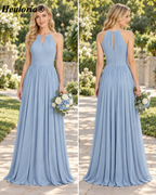 HEULORIA Dusty Blue Halter Chiffon A-Line Bridesmaid Dress with Keyhole Neckline – ED-246
