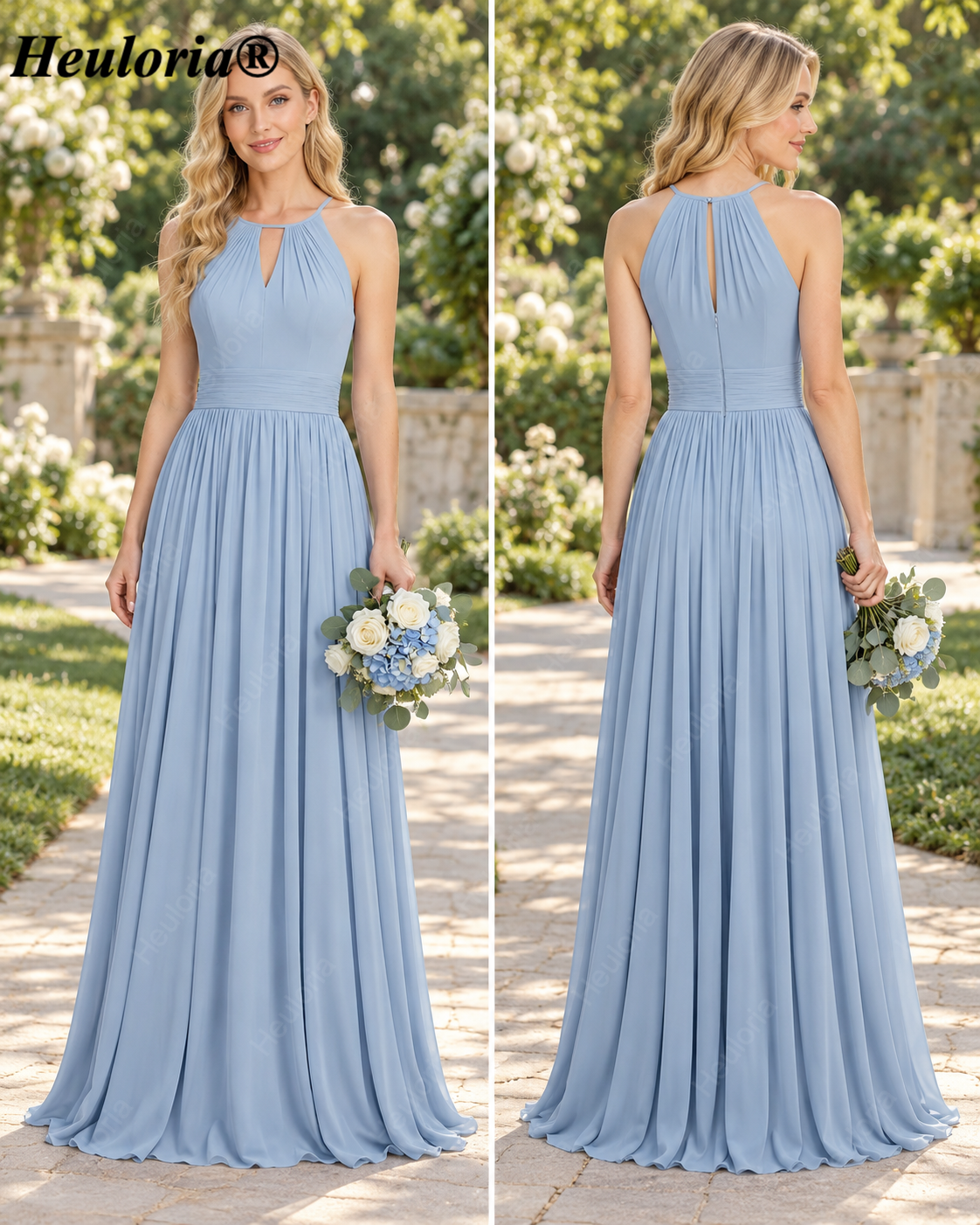 HEULORIA Dusty Blue Halter Chiffon A-Line Bridesmaid Dress with Keyhole Neckline – ED-246