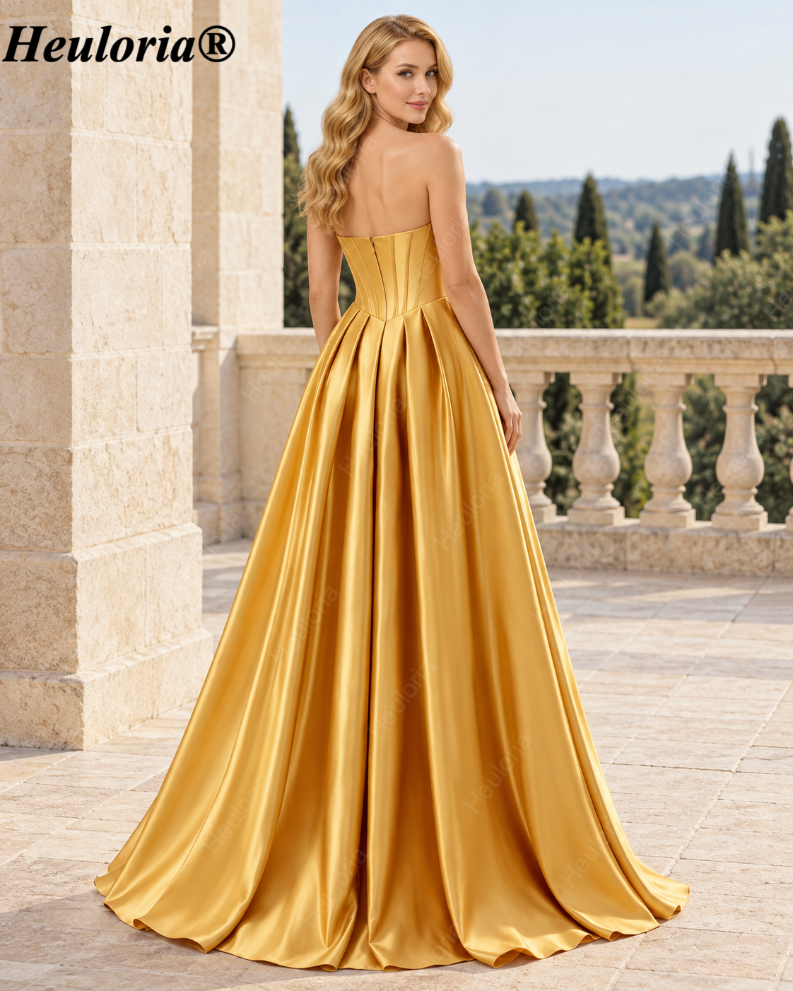 HEULORIA Strapless Gold Satin Ball Gown with Beaded Corset Bodice and Pleated Skirt Evening Dress ED-516 Image secondaire du produit
