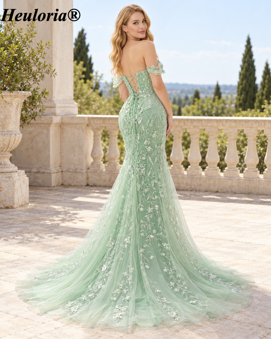 HEULORIA Sky Blue 3D Floral Mermaid Prom Dress with Detachable Off-Shoulder Straps ED-350