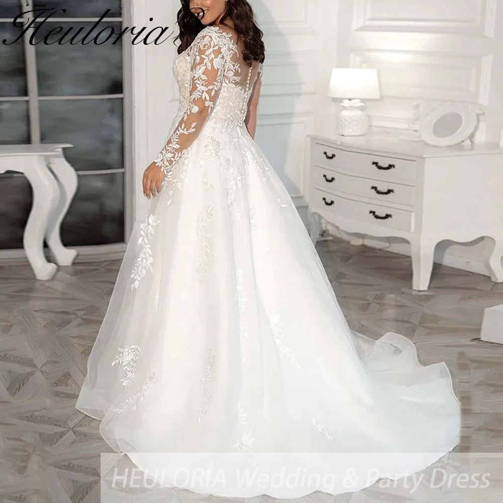 HEULORIA elegant A line wedding dress long sleeve lace bridal dress long sleeve Robe De Mariee Wedding Bride Dress long train AL-595