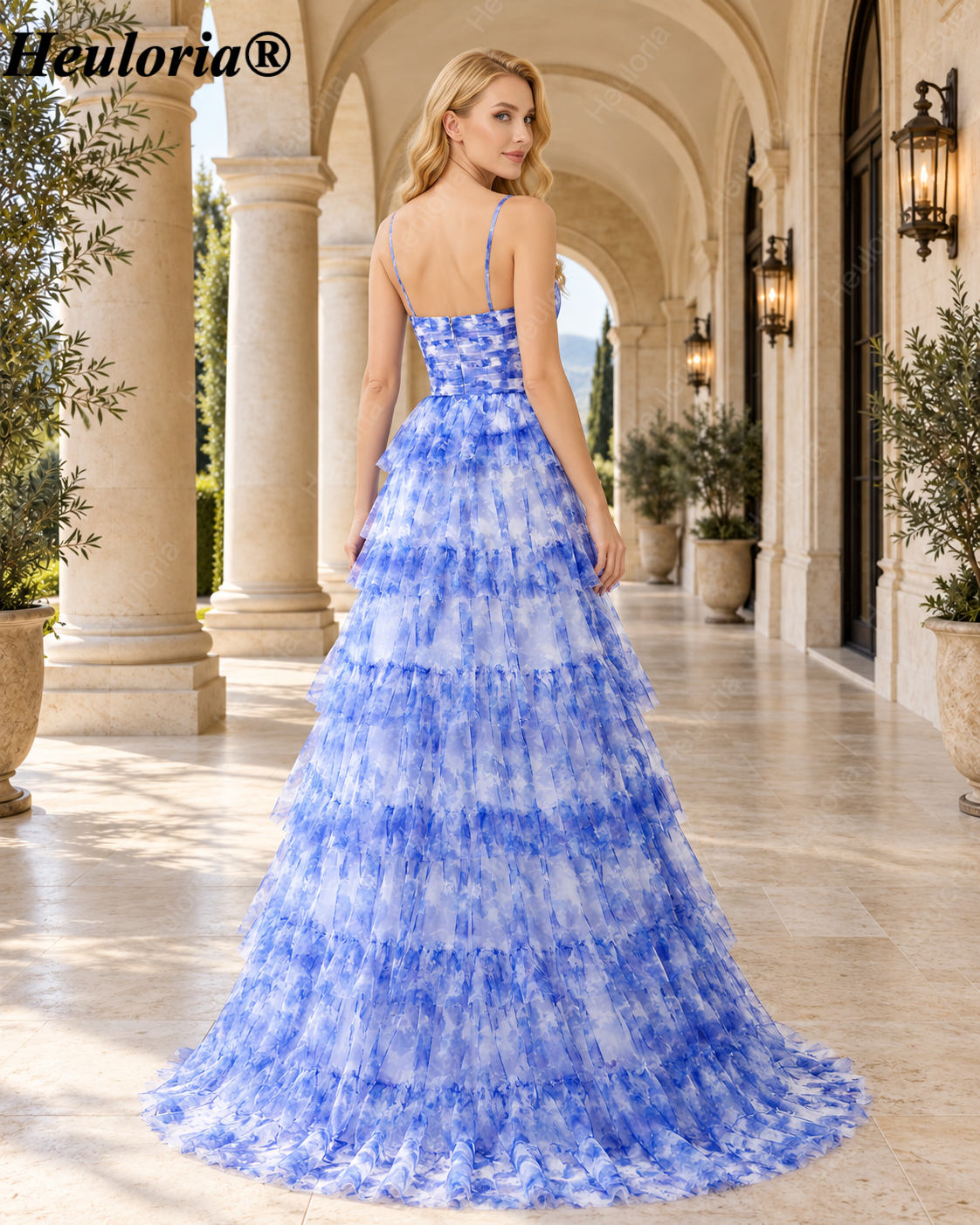 HEULORIA Blue Floral Tiered Tulle A-Line Prom Dress with Cutout Bodice ED-342