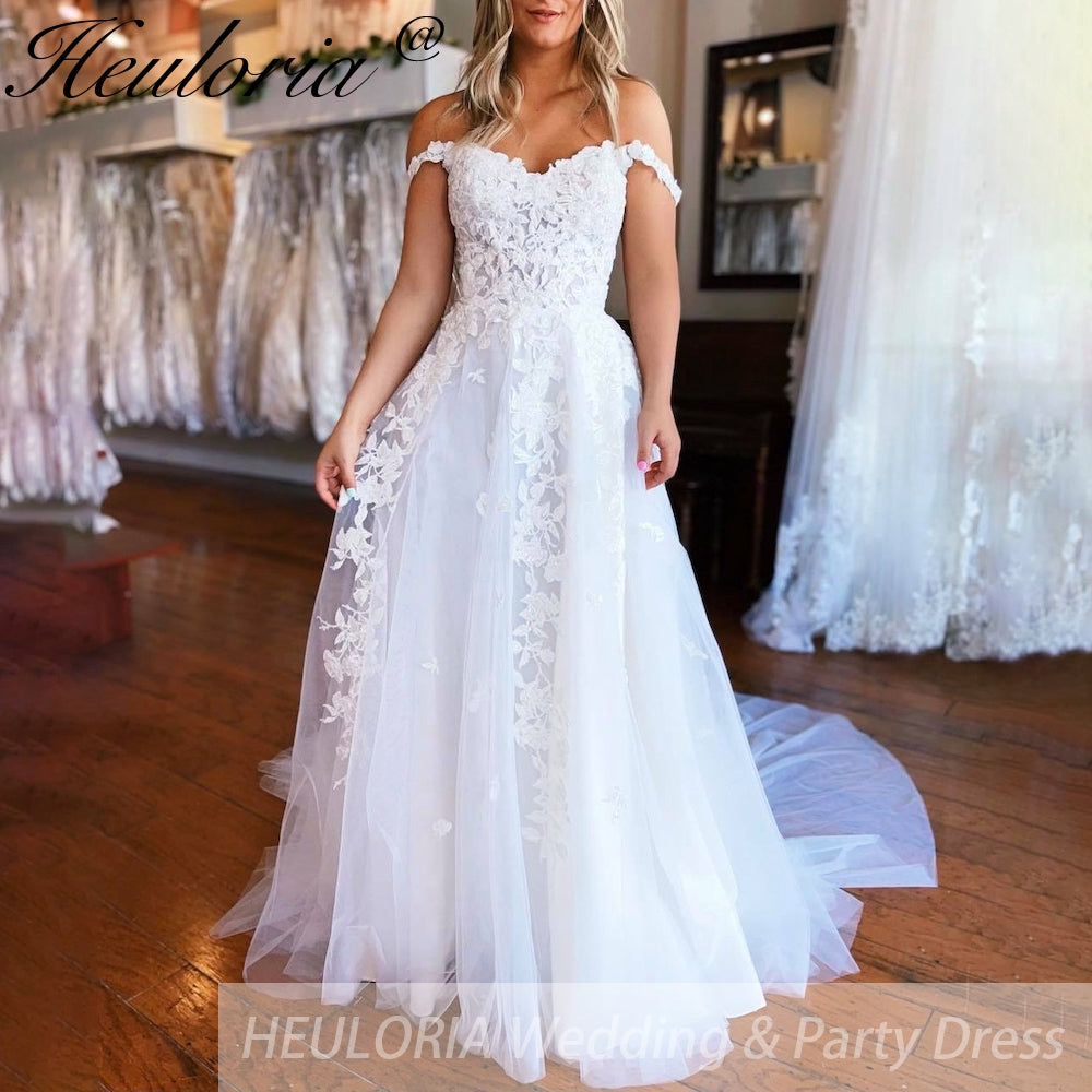 HEULORIA Illusion Off The Shoulder A-Line Wedding Dresses Appliques Lace Country Bridal Gowns Robe De Mariée Customized AL-QK277