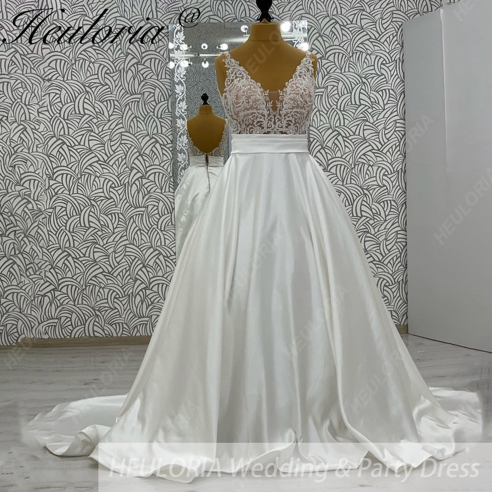 HEULORIA Exquisite Deep V-Neck Lace Applique Satin A-Line Wedding Dress with Cathedral Train AL-1030